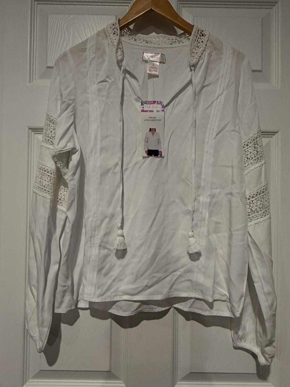 White Lace-Trim Boho Tie-Neck Top - Women Size Small